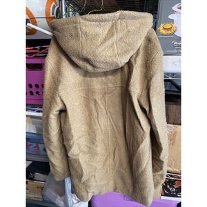 Talbots Vintage Desert Tan Leather‎ Trim Zipper Fleece Hooded Jacket Size M